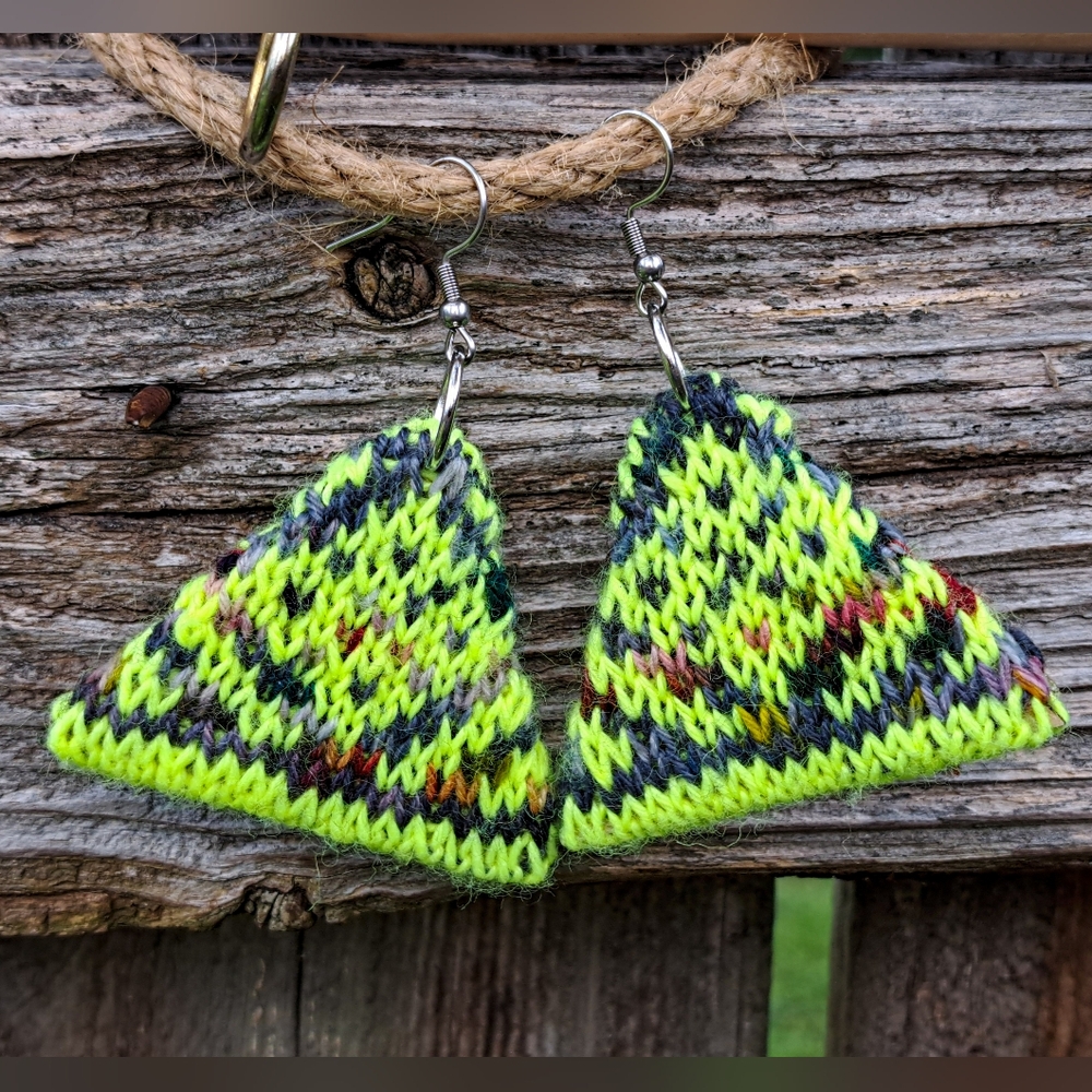 Triangle Colorwork Knit Earrings Neon Yellow Multicolor Yarn Halloween Theme